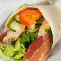 Ranch Chicken Wrap · Fajita chicken, bacon, lettuce, tomato, cucumber, shredded cheddar jack cheese, with ranch o...