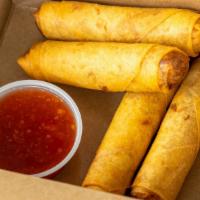 Eggrolls (4) · Homemade Pork eggrolls shredded carrots and cabbage and glass noodles 
with a side of sweet ...