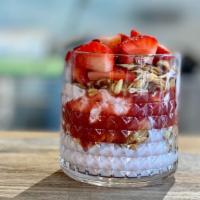 Yogurt · Creamy Greek yogurt, home made granola, topped with fresh seasonal fruit