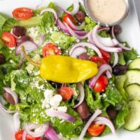 Greek Salad · Romaine lettuce, cucumbers, tomatoes, feta cheese, kalamata olives, red onion, pepperoncini....