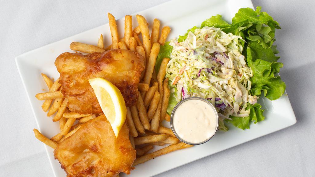 Fish & Chips · A house specialty. Natural cold water Atlantic Cod, battered in our house made beer batter, home made cole slaw, & fries. Served with lemon & house made malt aioli.