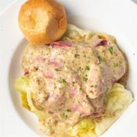 Corned Beef & Cabbage · House roasted Colorado corned beef, mashed potatoes, fresh steamed cabbage, served with hous...