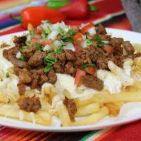 Asada Fries · Served with pico de gallo sour crema and melted cheese.