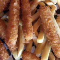 Calamari · Breaded squid strips served with French fries and savory cocktail sauce.