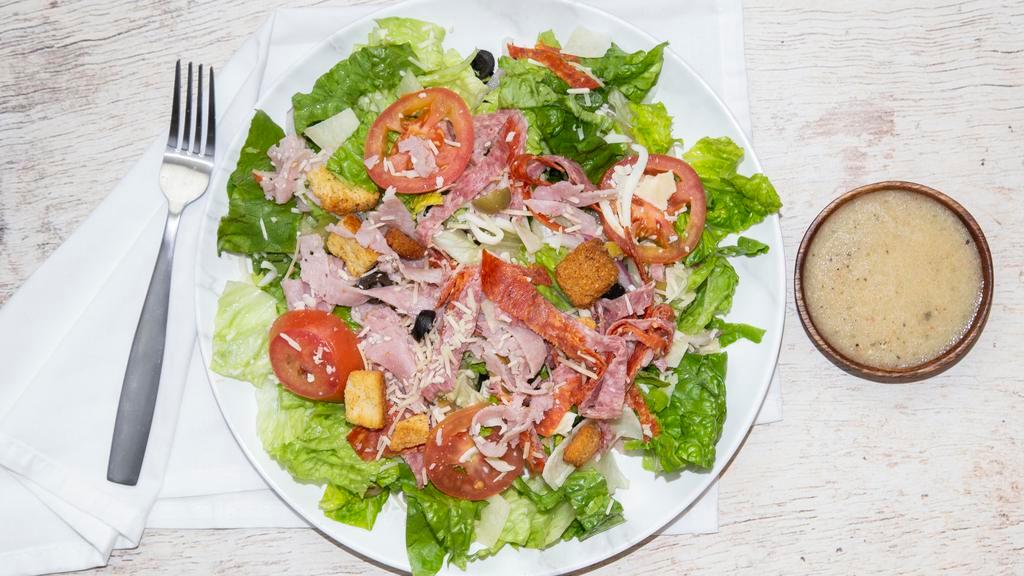 Milano'S  Large Antipasto Salad · Assorted cheeses with salami, pepperoni, black olives and green olives, red onions and tomato atop a bed of lettuce and Italian dressing.
