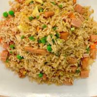 Spam  Fried Rice · spam, rice, green onion, carrot, pea, egg.