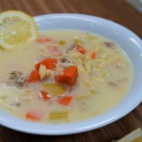 Avgolemono Soup · Chicken, carrots, celery, orzo pasta and fresh lemon juice.