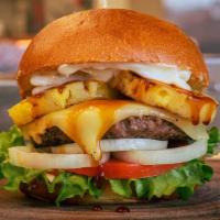 The Rock · Teriyaki glazed Burly Burger topped with grilled pineapple, cheddar cheese, tomato, lettuce,...