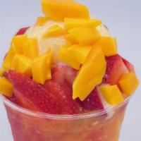 Dirty Ice Cream · With ice cream on top, bottom or both, shaved ice, natural fruit syrup, and fresh diced fruit.
