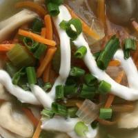 Chicken Soup · 12 pieces of dumplings of your choice, chicken broth and vegetables.