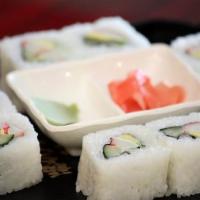 California Roll · English cucumber, avocado, imitation crab wrapped around in rice and seaweed.