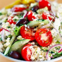 Small Classic Greek Salad · Romaine Lettuce - Tomatoes - Cucumbers - Red onion - Feta - Kalamata Olives - Pita Bread - H...