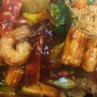 Dinner Shrimp With Szechuan Sauce · Served with choice of rice and egg roll. Hot and spicy.