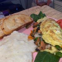 3 Egg Omelette  · 3 fresh eggs,(2) choice of bacon, sausage, onions, tomato, spinach and or peppers ($2.00 eac...