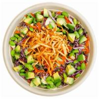 Asian Salad · Romaine, red cabbage, cucumber, cilantro, carrot, broccoli, avocado, edamame, peanuts, wonto...