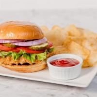 Classic Chicken Sandwich · Crispy chicken breast served on a toasted brioche bun with your choice of side. Served with ...