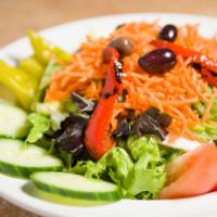 House Salad · Mixed greens, cucumber, tomato, carrot, olive, onion, artichoke, roasted red pepper and pepp...