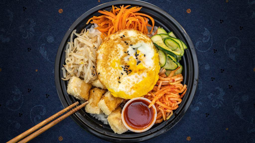 Tubular Tofu Bibimbap  · Fresh carrots, zucchini, bean sprouts, and radish with our crispy fried tofu piled on fresh white rice, topped with a special spicy gochujang sauce and a fresh sunnyside-up egg.
