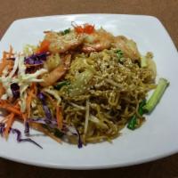 Yakisoba Noodles · Stir fried egg noodles with onions, bean sprout, green onions in homemade sesame sauce.
