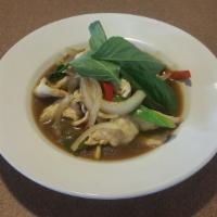 Spicy Basil · Stir fried fresh chili and garlic with onions, bell pepper, and basil leaves in house specia...
