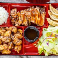 Bento Special · Comes with steamed rice, gyoza (3 pcs) and iceberg lettuce salad and salad dressing sauce an...