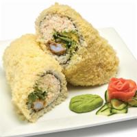 Crunch Sushirrito · Outside: crunch. inside: 2 shrimp tempura, crabmeat, avocado, cucumber, cabbage, sweet chili...