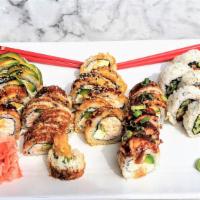 Sushi Lovers (Feeds 2) · 25 pieces of 5 different rolls: crunch roll (5 pcs), las vegas roll (5 pcs), dragon roll (5 ...