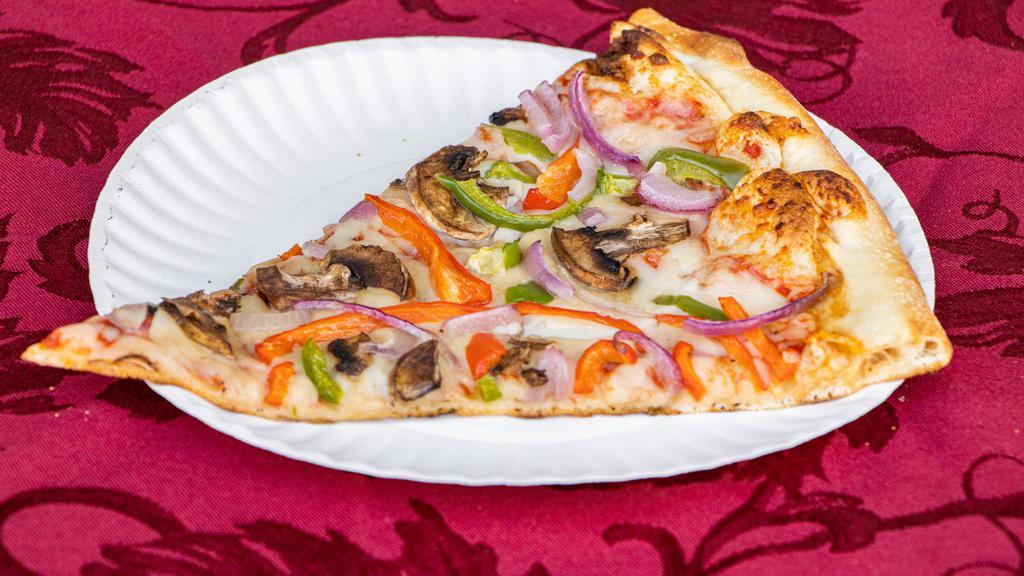 Veggie · Marinara sauce, Mozzarella cheese, mushrooms, red onions, green and red bell peppers.