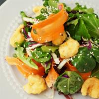 Tempura Shrimp Salad · Tender mixed greens with crisp tempura fried shrimp, shaved cabbage, vegetables and our spec...