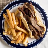Gyros · Thinly sliced layers of seasoned lamb and beef broiled on a vertical skewer with onions, tom...