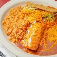#1 Enchilada, Taco · Served with rice and beans.