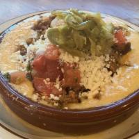Chingon Queso · chorizo, pickled jalapeno, cotija, cilantro, scallions, pico