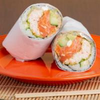 Vegas Sushi Burrito · Spicy. Fresh salmon, cream cheese, crab salad, lettuce, avocado, cucumber, spicy mayo, and e...