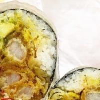 # 15 Volcano (Popular) · Tempura shrimp, tempura crab sticks, cucumber, lettuce, avocado, crab salad with eel sauce a...