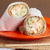 California Sumo Sushi Burrito · Crab salad, avocado, cream cheese, cucumber, spicy mayo and eel sauce in a deep-fried roll.