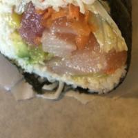 #4. Geisha Riceless  (No Rice Wrapped With Raw Fish) · Tuna, salmon, yellowtail, crab salad, lettuce, Cucumber, avocado, pickled daikon and carrot,...