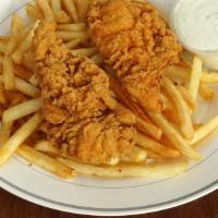 Chicken Tenders · Fried chicken tenders served with fries and our special dipping sauce.