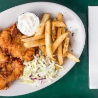 Fish And Chips · Wild Alaskan hand-breaded cod. Served with lemon and tartar sauce and fries.