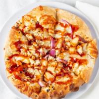 Bbq Chicken Pizza · includes BBQ sauce, chicken, feta cheese, red onions & pineapple.