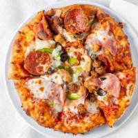 Rock Creek Combo Pizza · Includes tomato sauce, Canadian bacon, pepperoni, sausage, black olives, mushrooms, green pe...