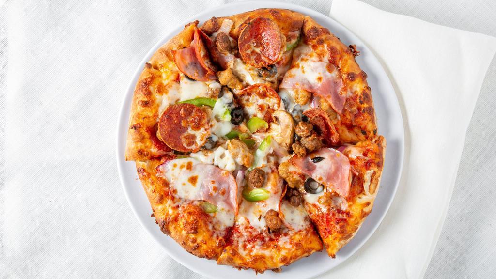 Rock Creek Combo Pizza · Includes tomato sauce, Canadian bacon, pepperoni, sausage, black olives, mushrooms, green peppers, red onions & mozzarella cheese.