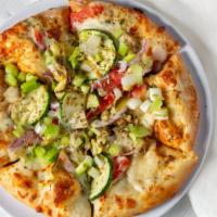 California Veggie Pizza · White garlic sauce, spinach, tomatoes, red onions, mushrooms, artichoke hearts, Italian seas...