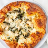 Basil Chicken Pizza · Includes white garlic sauce, chicken, fresh basil & mozzarella cheese.