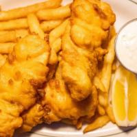 Halibut Fish & Chips · Alaskan halibut batter-dipped, deep-fried and served with French fries or baked potato.