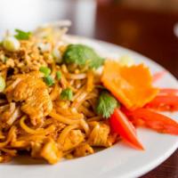 N1 Pad Thai Noodles · Rice noodles fried with egg and choice of meat, bean sprouts. Topped with peanuts and green ...