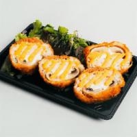 Stuffed Mushroom (4 Pieces) · Panko-fried stuffed with cream cheese, crab salad and spicy tuna topped with spicy mayo, una...