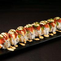 Firecracker Roll · Shrimp tempura, crab salad and avocado topped spicy tuna, jalapeño and crunch flakes drizzle...