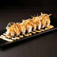 Onion Crunch Albacore · Spicy tuna, cucumber topped with albacore and crunch onion drizzled ponzu sauce and spicy ma...