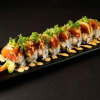 Red Philly Roll · Shrimp tempura, cream cheese and avocado topped with spicy tuna, salmon drizzled spicy mayo ...