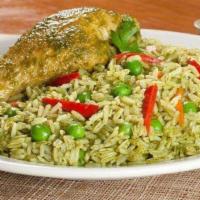 Arroz Con Pollo · Chicken sautéed with cilantro cook with rice peas, carrots served with huancaina sauce.